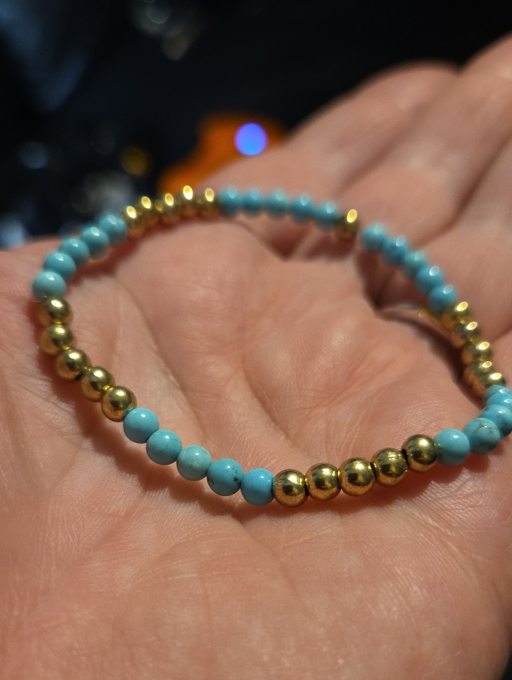 Genuine Turquoise Bead Stretch Bracelet with Gold Accent - Women Jewelry